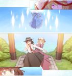  3girls blonde_hair brown_eyes brown_hair dress flying frown glowing glowing_eyes hair_ribbon hat highres long_hair maribel_hearn mob_cap multiple_girls necktie ofuda open_mouth outstretched_arm ribbon short_hair skirt stairs torii touhou tree umbrella unagi_sango usami_renko violet_eyes yakumo_yukari 