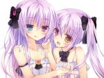  2girls :d ;q arm_ribbon bangs bare_arms bare_shoulders bead_necklace beads black_bow black_bowtie blue_eyes blush bow bowtie breasts collarbone dress eyebrows_visible_through_hair fingernails gem hair_between_eyes hair_bow hair_ornament hand_in_another&#039;s_hair hand_up heterochromia highres jewelry kinokomushi licking_lips long_fingernails long_hair looking_at_viewer multiple_girls nail_polish necklace one_eye_closed open_mouth original pink_nails purple_ribbon ribbon side-by-side sleeveless sleeveless_dress smile tongue tongue_out transparent_background twintails upper_body violet_eyes white_dress yellow_eyes 