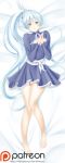  1girl alfred_cullado blue_eyes breasts cleavage_cutout dakimakura dress hands_together high_ponytail highres knees_together_feet_apart long_hair long_ponytail lying on_back patreon_logo rwby silver_hair smile solo tiara watermark web_address weiss_schnee 