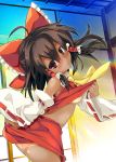  1girl ahoge ascot ass blush bow breasts brown_eyes brown_hair commentary_request cowboy_shot detached_sleeves hair_bow hair_tubes hakurei_reimu looking_at_viewer midriff red_bow red_skirt skirt skirt_lift skirt_set solo tan tororo touhou under_boob yellow_ascot 