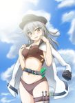  absurdres belt bikini blush breasts clouds flat_cap gangut_(kantai_collection) grey_hair hat highres kantai_collection large_breasts long_hair long_sleeves looking_at_viewer mei_(heavensstyle) military military_hat military_jacket military_uniform orange_eyes red_swimsuit remodel_(kantai_collection) russian sky swimsuit torpedo uniform water_gun 