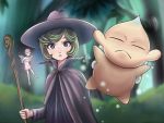  1boy 2girls :o bangs berserk blank_stare chibi fairy forest green_hair hat looking_at_another multiple_girls nature open_mouth parted_bangs puck schierke short_hair staff violet_eyes witch witch_hat 