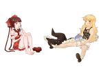  2girls ankh_order bangs bare_arms barefoot black_hat black_shoes blonde_hair bloomers blunt_bangs bobby_socks bow brown_hair character_name chinese clothes_writing eating food hair_bow hair_ribbon hair_tubes hakurei_reimu hat hat_removed headwear_removed highres kirisame_marisa long_hair mary_janes multiple_girls popsicle red_bow red_eyes red_skirt ribbon shoes simple_background sitting skirt socks tan tanline touhou underwear white_background white_legwear witch_hat 