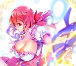  1girl bow breasts cleavage closed_mouth flower_knight_girl huge_breasts jewelry looking_at_viewer magic mg_kurino necklace pink_bow ponytail profile red_eyes redhead short_hair smile solo strawberry_candle_(flower_knight_girl) upper_body 