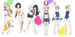  bikini black_hair blush braid breasts brown_eyes brown_hair caroline_(persona_5) cleavage eyepatch flat_chest justine_(persona_5) kawakami_sadayo lavenza long_hair looking_at_viewer mifune_chihaya multiple_girls navel one-piece_swimsuit persona persona_5 short_hair siblings sisters smile swimsuit tougou_hifumi twins water water_gun werkbau white_background 