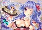  2girls :p artist_request bamboo_steamer baozi blue_hair braid breasts carrying character_request chibi china_dress chinese_clothes cleavage cleavage_cutout dress flower food glasses hair_flower hair_ornament holding koihime_musou long_hair multiple_girls official_art one_eye_closed smile tongue tongue_out tray twin_baids twintails upper_body violet_eyes 