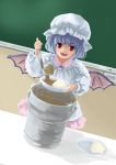  1girl alternate_costume apron bangs bat_wings blue_hair chalk chalkboard classroom commentary_request curry dress dutch_angle fangs food hat highres mob_cap open_mouth perspective pink_dress plate red_eyes remilia_scarlet rice sasurai_no_kuchibuefuki short_hair smile soup_ladle table teeth tongue touhou wings 