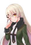  1girl artist_name bangs blonde_hair blush closed_mouth eyebrows_visible_through_hair girls_frontline hair_between_eyes hand_up highres jacket light_brown_hair long_hair looking_at_viewer mg4_(girls_frontline) one_eye_closed open_clothes open_jacket ranyu signature simple_background solo upper_body white_background yellow_eyes 