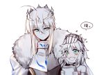  2girls :d armor artoria_pendragon_lancer_(fate/grand_order) bangs blush book cloak crown eyebrows_visible_through_hair fang fate/apocrypha fate/stay_night fate_(series) fur_collar fur_trim green_eyes holding holding_book multiple_girls open_mouth petting saber saber_of_red sidelocks simple_background smile speech_bubble spot_color yorukun 
