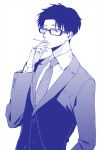  1boy blue blue_hair cigarette formal glasses hrt_(fujita_hiro) looking_at_viewer male_focus monochrome necktie nifuji_hirotaka otaku_ni_koi_wa_muzukashii solo standing suit upper_body 
