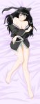  1girl alfred_cullado animal_ears artist_signature bare_shoulders bed_sheet black_bow black_hair blake_belladonna blush bow breasts cat_ears cleavage dakimakura highres japanese_clothes kimono long_hair looking_at_viewer medium_breasts off_shoulder panties partially_undressed rwby solo striped striped_panties thighs underwear yellow_eyes yukata 