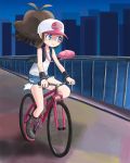  1girl bicycle black_jacket blue_eyes brown_hair closed_mouth full_body ground_vehicle hat highres jacket long_hair night pink_hat pokemon pokemon_(game) pokemon_bw shirt smile smiley_face touko_(pokemon) white_hat white_shirt 