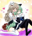  10s 2girls :d black_legwear black_serafuku brown_eyes commentary_request curly_hair detached_sleeves green_eyes green_hair hair_ornament hair_ribbon hairclip heart heart_background hug hug_from_behind kantai_collection long_hair looking_at_viewer multiple_girls open_mouth pleated_skirt pola_(kantai_collection) pout ribbon school_uniform serafuku silver_hair sitting skirt smile tachibana_hiroki thigh-highs wariza white_legwear yamakaze_(kantai_collection) zettai_ryouiki 