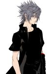  1boy black_clothes black_hair expressionless eyelashes final_fantasy final_fantasy_xv grey_eyes layered_clothing looking_away male_focus noctis_lucis_caelum shirt simple_background single_arm_warmer solo spiky_hair white_background zakki 