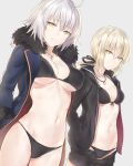  2girls ahoge bangs bikini bikini_under_clothes black_bikini black_jacket black_ribbon black_shorts blonde_hair blue_coat breasts cleavage coat collarbone expressionless fate/grand_order fate/stay_night fate_(series) fur-trimmed_coat fur_trim grey_background hair_ribbon hands_in_pockets highres hips hood hooded_jacket jacket jeanne_alter jewelry kyouki large_breasts long_hair looking_at_viewer multiple_girls navel necklace open_clothes open_coat open_jacket pendant ponytail ribbon ruler_(fate/apocrypha) saber saber_alter short_hair shorts silver_hair simple_background small_breasts smile swimsuit thighs waist yellow_eyes 