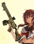  1girl asanagi brown_hair character_request closed_mouth copyright_request gun holding holding_gun holding_weapon injury looking_at_viewer low_tied_hair navel neckerchief red_eyes red_neckerchief rifle school_uniform serious solo torn_clothes trigger_discipline two_side_up upper_body weapon weapon_request yellow_background 