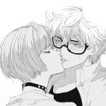  1boy 1girl bangs blunt_bangs blush bob_cut casual choker closed_eyes dress_shirt eyelashes glasses greyscale hetero kiss kurusu_akira layered_clothing messy_hair monochrome persona persona_5 profile shirt short_hair sweat takemi_tae white_background zakki 