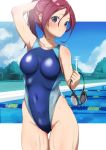  1girl apon arm_up blue_eyes blue_sky blue_swimsuit breasts closed_mouth clouds collarbone commentary_request competition_swimsuit covered_navel day eyebrows_visible_through_hair gluteal_fold hair_between_eyes highleg highleg_swimsuit holding_goggles long_hair medium_breasts one-piece_swimsuit original outdoors outside_border ponytail pool purple_hair sky smile solo standing swimsuit water wet wet_hair 