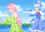  2girls absurdres artist_request blue_eyes blue_hair cirno cross hair_ribbon highres ice ice_wings liebea_palesch long_hair multiple_girls open_mouth pink_hair ribbon rosenkreuzstilette short_hair touhou wings 