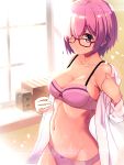  1girl bare_shoulders book bow bow_panties bra closed_mouth collarbone cowboy_shot day fate/grand_order fate_(series) glasses groin hair_over_one_eye highres indoors long_sleeves looking_at_viewer midriff navel off_shoulder panties purple_bow purple_bra purple_hair purple_panties red-framed_eyewear shielder_(fate/grand_order) shirt solo standing stomach tomitayaki underwear undressing violet_eyes white_shirt window 