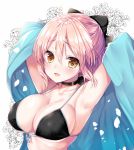  ahoge armpits arms_up ayuma_sayu bikini_top black_bikini_top bow breasts choker cleavage eyebrows_visible_through_hair fate_(series) front-tie_bikini front-tie_top hair_between_eyes hair_bow koha-ace large_breasts looking_at_viewer petals pink_hair sakura_saber shinsengumi short_hair smile yellow_eyes 