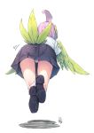  ahoge artist_signature ass bird_tail bird_wings black_skirt floating from_behind green_feathers harpy huge_ahoge monster_girl nukomasu panties panty_peek pink_hair school_uniform shadow shirt shoes simple_background skirt underwear white_background white_shirt wings yellow_feathers 