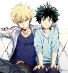  2boys bakugou_katsuki belt blonde_hair boku_no_hero_academia casual couch green_eyes half-closed_eyes hand_in_hair hood hoodie legs_crossed looking_at_viewer male_focus midoriya_izuku multiple_boys navel necklace on_couch open_clothes orange_eyes pants polo_shirt pull_string red_eyes shirt simple_background smile spiky_hair tufted_upholstery v-neck wavy_hair white_background white_upholstery 