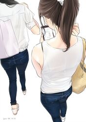  2girls ama_mitsuki ass bag black_bra black_hair bra brown_hair cellphone dated denim fingernails foreshortening from_above from_behind hair_over_shoulder head_out_of_frame jeans long_fingernails multiple_girls original pants phone platform_footwear ponytail sandals see-through short_sleeves shoulder_bag simple_background smartphone tank_top underwear walking white_background 