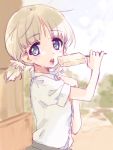  1girl aki_(girls_und_panzer) commentary_request food girls_und_panzer green_eyes highres kuroi_mimei light_brown_hair popsicle shirt short_hair short_twintails solo sweat twintails white_shirt 