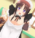  1girl artist_request blush breasts brown_hair cleavage collarbone cowboy_shot detached_collar detached_sleeves hagino_chiaki hair_ornament happy hinako_note indoors large_breasts looking_at_viewer maid maid_headdress open_mouth shiny shiny_hair shiny_skin short_hair sideboob smile solo violet_eyes x_hair_ornament 