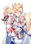  2girls absurdres artoria_pendragon_lancer_(fate/grand_order) bangs braid carrying cloak crown eyebrows_visible_through_hair fangs fate/apocrypha fate_(series) fur_collar gauntlets green_eyes half_updo highres horse light_smile multiple_girls open_mouth parted_lips petting ponytail saber saber_of_red sidelocks simple_background smile white_background yorukun 