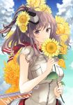  1girl alternate_eye_color breast_pocket brown_eyes brown_hair buttons clouds cloudy_sky day dress flower holding holding_flower kantai_collection konataeru long_hair pocket ponytail saratoga_(kantai_collection) short_sleeves sky smile solo white_dress yellow_flower 
