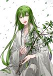  1boy :d androgynous bangs enkidu_(fate/strange_fake) fate/strange_fake fate_(series) green_eyes green_hair hair_between_eyes highres kazari_tayu leaf long_hair looking_at_viewer male_focus open_mouth ribbon robe simple_background sitting smile solo tree_branch very_long_hair white_background white_robe wind 