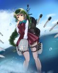  10s 1girl blue_eyes blue_sky bow bowtie braid breasts dress green_hair grey_legwear highres kantai_collection long_hair looking_at_viewer machinery minagi_aki mole mole_under_mouth pantyhose school_uniform shirt single_braid sky sleeveless sleeveless_dress smile solo torpedo torpedo_tubes turret very_long_hair water white_shirt yuugumo_(kantai_collection) 