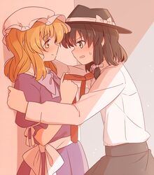  2girls blonde_hair blouse blush brown_eyes brown_hair dress face-to-face hair_ribbon hat looking_at_another maribel_hearn mob_cap multiple_girls necktie necktie_grab neckwear_grab ribbon short_hair skirt smile sweat touhou unagi_sango usami_renko wall_slam yellow_eyes yuri 