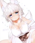  1girl animal_ears bangs blush breasts dutch_angle eyebrows_visible_through_hair fox_ears fox_girl fox_tail impossible_clothes large_breasts light_smile looking_at_viewer mofuaki nose_blush original parted_lips short_hair sidelocks silver_hair simple_background sitting solo sweat tail tank_top thick_eyebrows thighs white_background 
