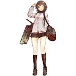  1girl ;3 bag black_hair cherry_blossoms full_body gurin33 hand_up hayasui_(kantai_collection) jacket kantai_collection kneehighs loafers looking_at_viewer one_eye_closed red_eyes rigging shoes shoulder_bag simple_background skirt socks solo sparkle texture track_jacket v white_background white_jacket 