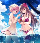  3girls bikini blush breasts cleavage clouds cloudy_sky eyes_visible_through_hair fate/grand_order fate_(series) feeding flower food fujimaru_ritsuka_(female) hair_flower hair_ornament hair_over_one_eye hibiscus ice_cream large_breasts lens_flare long_hair minigirl multiple_girls navel ocean orange_hair purple_hair riyo_(lyomsnpmp)_(style) scathach_(fate/grand_order) scathach_(swimsuit_assassin)_(fate) scrunchie shielder_(fate/grand_order) short_hair side_ponytail sky sousouman swimsuit violet_eyes wading 