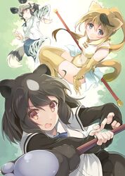  3girls african_wild_dog_(kemono_friends) african_wild_dog_ears african_wild_dog_tail animal_ears bear_ears bear_paw_hammer black_hair blonde_hair brown_bear_(kemono_friends) brown_eyes circlet elbow_gloves fang fingerless_gloves furumiya_haiji gloves golden_snub-nosed_monkey_(kemono_friends) grey_eyes high_ponytail highres kemono_friends leotard long_hair monkey_ears monkey_tail multicolored_hair multiple_girls orange_hair ponytail short_hair shorts staff tail thigh-highs white_hair yellow_eyes yellow_leotard 