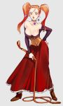  1girl bare_shoulders bead blush boots bow breasts choker cleavage collarbone corset dragon_quest dragon_quest_viii earrings eyelashes grey_background hand_on_hip holding holding_weapon jessica_albert jewelry large_breasts long_hair long_skirt off_shoulder open_mouth purple_shirt red_eyes red_skirt redhead shiny shiny_skin shirt simple_background skirt solo solo_focus twintails weapon whip zakki 