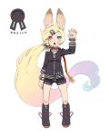  1girl absurdly_long_hair animal_ears ass_visible_through_thighs blonde_hair blue_eyes blue_hair boots braid collar gradient_hair hair_ornament hand_up heterochromia jacket leash long_hair looking_at_viewer multicolored_hair navel nukomasu open_mouth original pink_hair rabbit_ears red_eyes short_shorts shorts simple_background solo standing very_long_hair white_background 