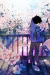  1boy bag black_hair blazer bridge cherry_blossoms facing_away flower jacket loafers male_focus n_y original outdoors pants pants_rolled_up petals school_uniform shadow shoes solo tree water wind wiping_face 