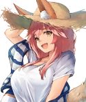  1girl :d animal_ears arm_up breasts brown_eyes ears_through_headwear fang fate/grand_order fate_(series) fox_ears fox_tail hand_on_headwear hat highres innertube koretsuki_azuma large_breasts long_hair looking_at_viewer open_mouth pink_hair shirt simple_background smile solo straw_hat sun_hat t-shirt tail tamamo_(fate)_(all) tamamo_no_mae_(swimsuit_lancer)_(fate) upper_body white_background 