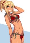  1girl absurdres arm_up ass bikini blonde_hair blue_background blush braid breasts cowboy_shot erect_nipples fate_(series) green_eyes grin hair_ornament hair_scrunchie highres long_hair looking_at_viewer medium_breasts mordred_(swimsuit_rider)_(fate) navel ponytail rama_(amaru) red_bikini saber_of_red scrunchie side-tie_bikini sidelocks simple_background smile solo standing swimsuit tan two-tone_background white_background 