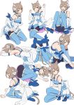  1boy :3 :d absurdres animal_ears ankle_ribbon arm_ribbon arm_support armpits arms_up bangs bare_shoulders black_legwear blue_bow blue_choker blue_dress blue_legwear blue_ribbon blue_shoes bob_cut bolo_tie bow bow_dress brown_hair cat_ears choker clenched_hands closed_mouth collarbone commentary_request cross-laced_clothes detached_sleeves dress dress_bow dress_lift eyebrows_visible_through_hair eyes_visible_through_hair felix_argyle frilled_dress frilled_legwear frills front-tie_top full_body hair_between_eyes hair_bow hair_ribbon highres jewelry jumping knee_up kneeling knees_together_feet_apart lace lace-trimmed_dress large_bow layered_dress leaning_forward legs_up looking_at_viewer looking_to_the_side lying male_focus momosuke_(ishakry) multiple_views on_side on_stomach open_mouth orange_eyes otoko_no_ko pantyhose parted_bangs pendant re:zero_kara_hajimeru_isekai_seikatsu ribbon seiza shoes short_dress short_hair shoulder_blades simple_background sitting smile spaghetti_strap squatting striped striped_legwear striped_ribbon thigh-highs thighhighs_over_pantyhose toeless_legwear upskirt vertical-striped_dress vertical-striped_legwear vertical_stripes white_background white_bow white_dress 