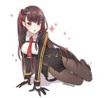  1girl :o absurdres arm_support bangs black_gloves blush braid breasts brown_eyes brown_hair chyo collared_shirt double-breasted eyebrows_visible_through_hair full_body girls_frontline gloves half_gloves highres long_hair looking_at_viewer medium_breasts military military_uniform necktie one_side_up open_mouth red_necktie shirt simple_background sitting solo sparkle teeth twitter_username uniform wa2000_(girls_frontline) white_background white_shirt yokozuwari 
