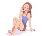  1girl arm_support bare_legs bare_shoulders barefoot between_toes blush brown_hair collarbone commentary_request feet feet_together forehead idolmaster idolmaster_cinderella_girls kabotya_to_rantan koseki_reina long_hair open_mouth simple_background sitting skirt soles solo tank_top toes violet_eyes white_background 