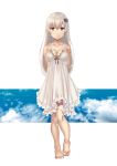  1girl barefoot breasts cleavage clouds cloudy_sky collarbone feet flower full_body green_eyes hair_flower hair_ornament highres long_hair nightgown original sky smile solo toes tsukimizu_(ordeal) white_background white_hair 
