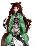  :3 animal_ears brown_hair futatsuiwa_mamizou glasses hair_ornament highres leaf leaf_hair_ornament leaf_on_head long_hair milkyteaart raccoon raccoon_ears raccoon_tail red_eyes scarf tail touhou 