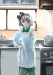  1girl alternate_costume apron bob_cut breasts commentary_request day floral_print green_eyes green_kimono hairband hand_on_hip highres japanese_clothes kimono kitchen konpaku_youmu long_sleeves looking_at_viewer sasurai_no_kuchibuefuki short_hair silver_hair sink small_breasts solo soup_ladle steam stove sunlight talking_to_viewer touhou window 